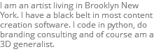 I am an artist living in Brooklyn New York. I have a black belt in most content creation software. I code in python, do branding consulting and of course am a 3D generalist. 
